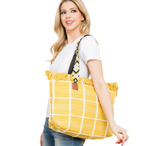Mustard Top Fringe Pointed Check Patterned Tote Bag, this tote bag is versatile enough for carrying through the week. Simple and leisurely, elegant and fashionable, suitable for women of all ages to carry around all day. Perfect for traveling, beach, shopping, camping, dating, and other outdoor activities in daily life.