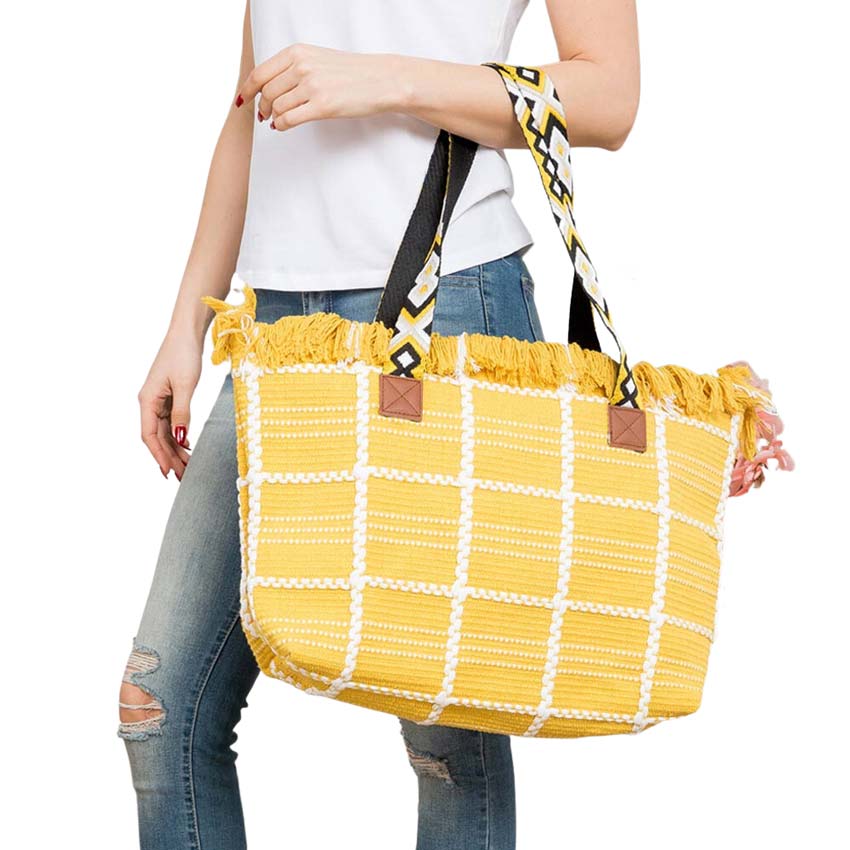Mustard Top Fringe Pointed Check Patterned Tote Bag, this tote bag is versatile enough for carrying through the week. Simple and leisurely, elegant and fashionable, suitable for women of all ages to carry around all day. Perfect for traveling, beach, shopping, camping, dating, and other outdoor activities in daily life.