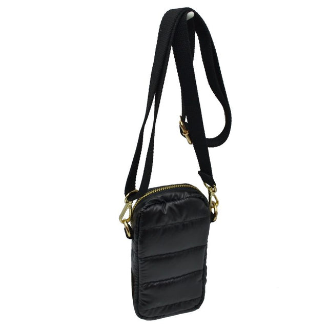 Compact Puffer Crossbody Bag Mini Vertical Shoulder Bag with Adjustable Strap - Black - Crossbody Bags