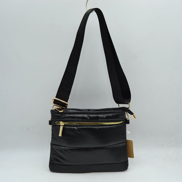 Sleek Multi-Pocket Puffer Crossbody Bag - Black - Crossbody Bags