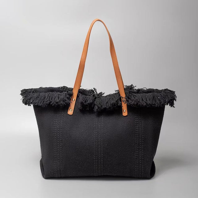 Classic Trapeze Tote Bag with Dual Handles and Ring Detail - Black - Tote Bag