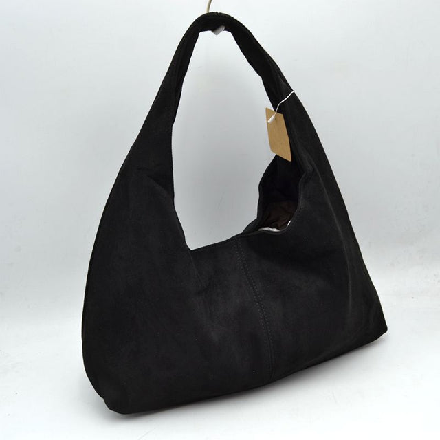 Minimalist Slouchy Hobo Shoulder Bag with Wide Strap - Black - Shoulder Bag