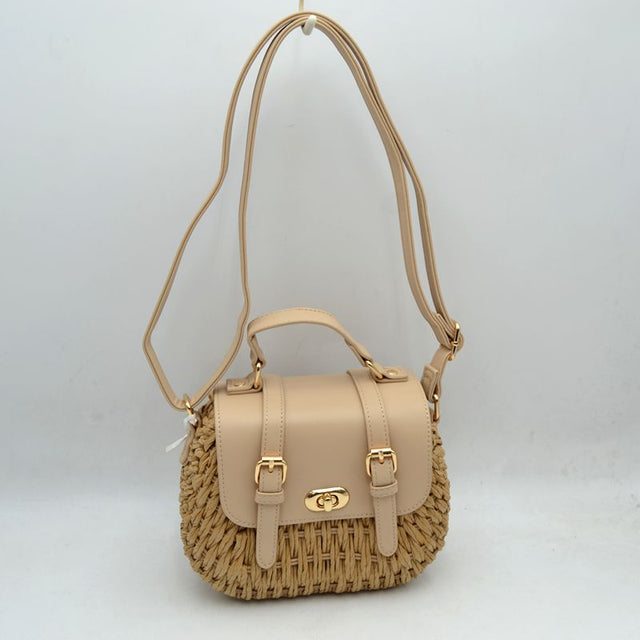 Woven Straw Satchel Bag with Faux Leather Flap and Double Buckle Accent - Beige - Satchel Bag