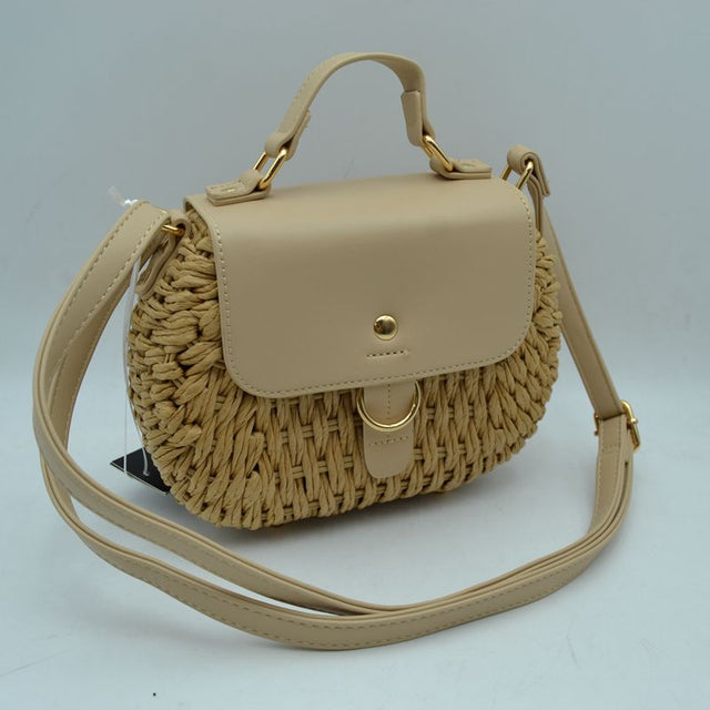 Chic Straw Woven Saddle Bag with Flap & Crossbody Strap - Beige - Saddle Bags