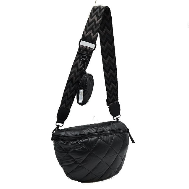 Chevron Strap Puffer Sling Bag | Crossbody Bag with Coin Pouch - Black - Crossbody Bags
