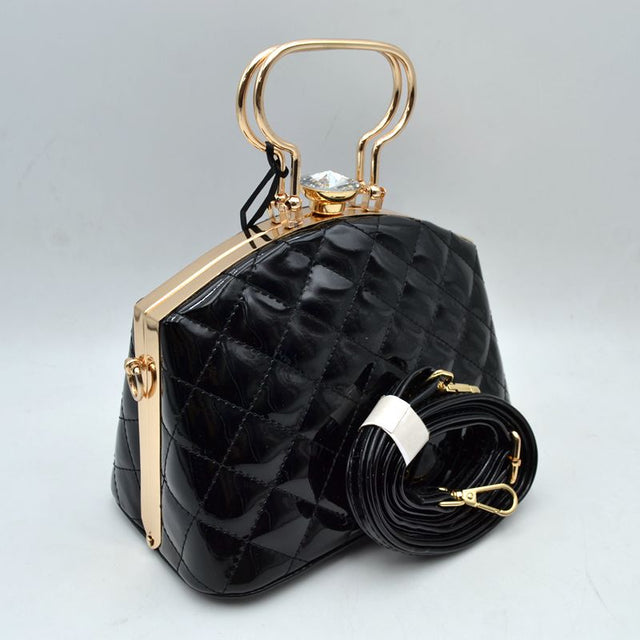 Quilted Top-Handle Handbag with Detachable Shoulder Strap - Black - Hand Bag
