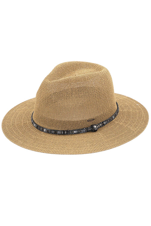 C.C Women's Multi Thread Rhinestone Trim Band Panama Hat - Natural