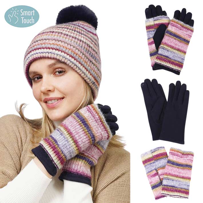 Navy 3 In 1 Multi Colored Touch Smart Gloves, give your look so much more eye-catching and feel so comfortable with the beautiful multi-colored design and embellishment. These warm gloves will allow you to use your electronic device with ease. Perfect gift accessory for this winter. Stay warm and cozy.