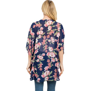 Navy Beautiful Flower Patterned Cover Up Kimono Poncho, This timeless flower cover-up kimono is a soft, lightweight, and breathable fabric, close to the skin, and comfortable to wear. Suitable for Holidays, clubs, nights, evenings, casual and other occasions. Perfect gift for a wife, birthday, holiday, or fun night out.