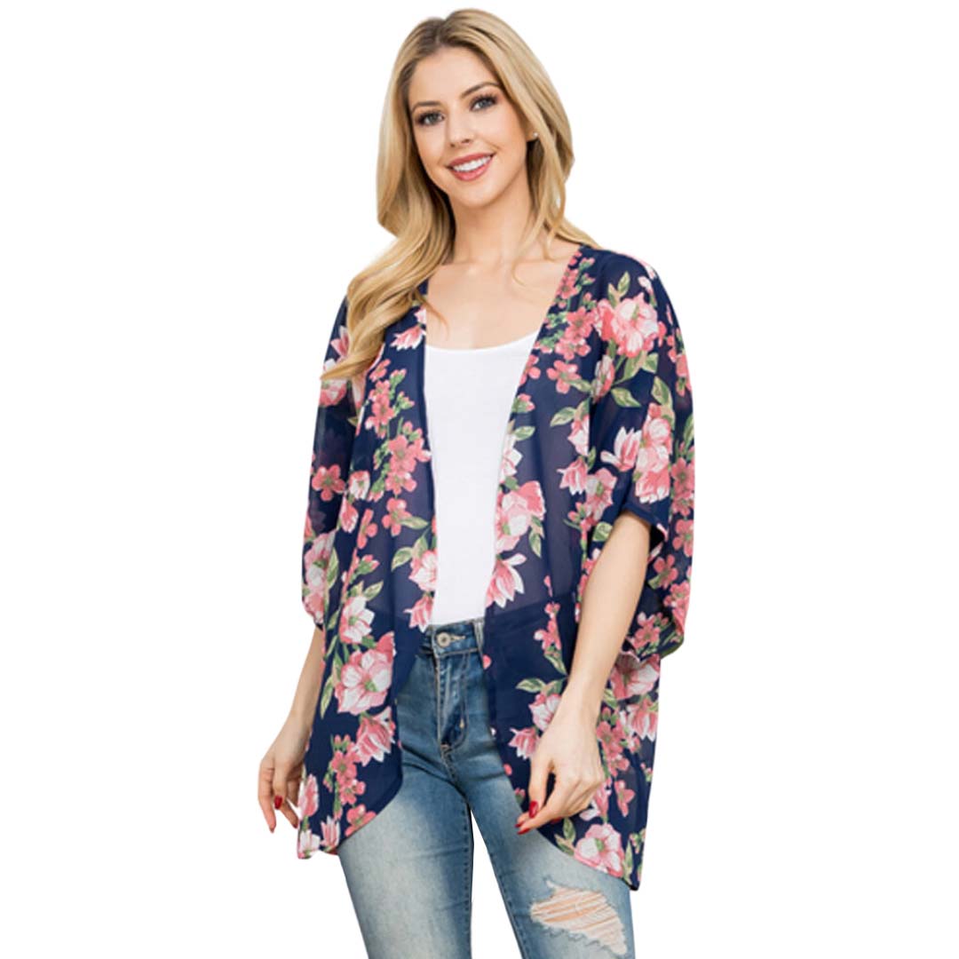Pink Beautiful Flower Patterned Cover Up Kimono Poncho, This timeless flower cover-up kimono is a soft, lightweight, and breathable fabric, close to the skin, and comfortable to wear. Suitable for Holidays, clubs, nights, evenings, casual and other occasions. Perfect gift for a wife, birthday, holiday, or fun night out.