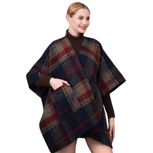 Navy Beautiful Plaid Check Patterned Poncho, with the latest trend in ladies' outfit cover-up! the high-quality knit check patterned poncho is soft, comfortable, and warm but lightweight. It's perfect for your daily, casual, evening, vacation, and other special events outfits. A fantastic gift for your friends or family.