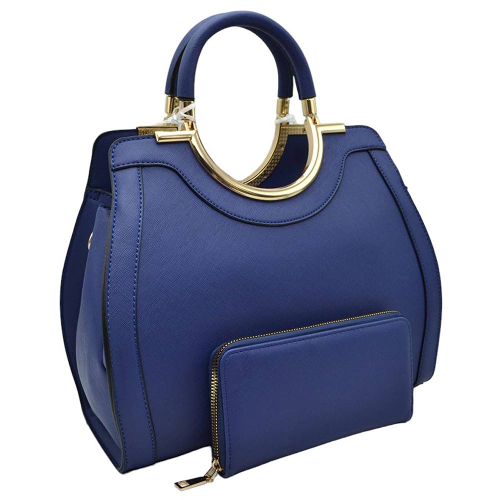 Navy Blue Faux Leather Round Top Handle Tote Bag With Wallet, is stylish and functional. Crafted from high-quality faux leather, this bag features a round top handle for easy carrying. The included wallet provides you with a secure place to store small items. Keep your belongings safe and look fashionable at the same time.