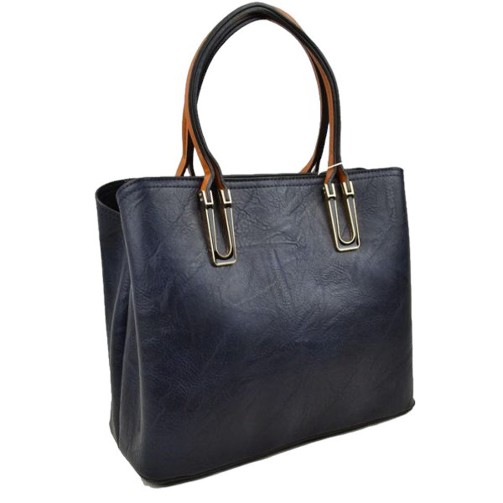Navy Blue Solid Faux Leather Tote Bag Shoulder Bag, is perfect for the modern woman. Crafted with genuine faux leather, this stylish bag is durable, light, and spacious, and with adjustable straps, it is perfect for everyday use. Its sleek design will have you turning heads wherever you go.
