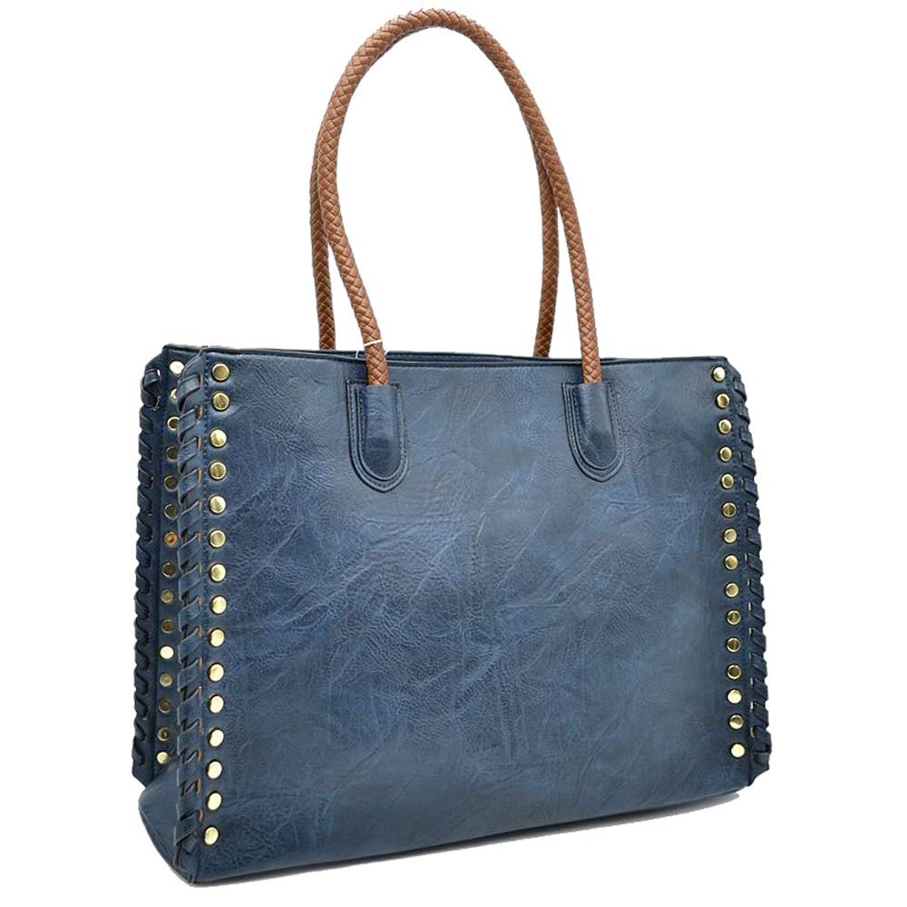 Navy Studded Faux Leather Whipstitch Shoulder Bag Tote Bag, is crafted from high-quality faux leather, featuring a stylish whipstitch trim and studded accents. Its adjustable strap makes it perfect for everyday use, this spacious handbag features a roomy interior to hold all your essentials. This bag is sure to turn heads.