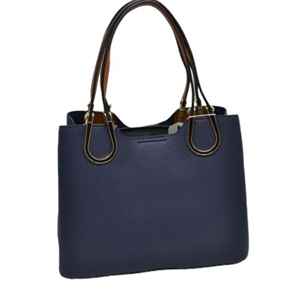 Navy Blue Textured Faux Leather Horseshoe Handle Women's Tote Bag, featuring an eye-catching textured faux leather exterior and a horseshoe-shaped handle. The bag has a spacious interior, perfect for days when you need to carry a lot of items. Its structure and design ensure that your items will stay secure even on the go.
