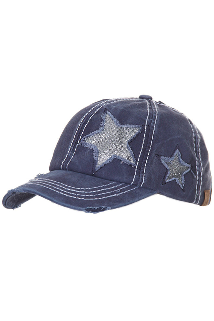 Navy C.C GLITTER STAR BASEBALL PONYCAP is a stylish and functional accessory. Made with high-quality materials, it adds a touch of glitz to your wardrobe. The baseball-style provides sun protection, while the ponytail opening adds convenience. Upgrade your hat collection with this must-have piece.