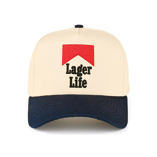 Navy CC Beanie “Lager Life” Letter Embroidered Two-Tone Trucker Hat Baseball Cap features bold embroidered lettering paired with a stylish two-tone design for a fun, casual look. Designed in a classic trucker style, it offers breathable comfort and an adjustable fit for everyday wear.