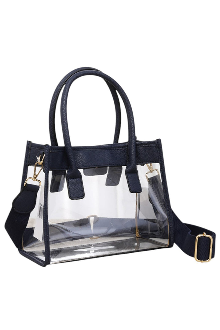 Color Trim Clear Hand Bag combines modern transparency with vibrant accents, offering a stylish yet practical accessory. Its clear design allows easy visibility of contents, while the colorful trim adds a fashionable touch. Lightweight and spacious, it’s ideal for daily use or events requiring quick access to essentials without sacrificing style. Durable materials ensure long-lasting wear, making it a smart choice for those who value both function and trend. 