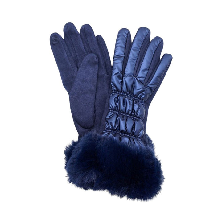 Navy Faux Fur Cuff Puffer Smart Touch Gloves, Experience warmth and functionality with our stylish smart touch gloves. The soft faux fur cuffs add a touch of luxury, while the puffer padding keeps your hands toasty. Stay stylish and connected this winter. Wrap your loved ones in warmth this winter with these stylish gloves.