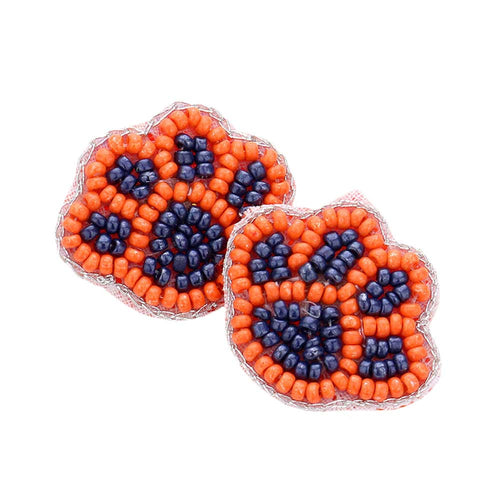 Felt Back Seed Beaded Paw Stud Earrings - Navy