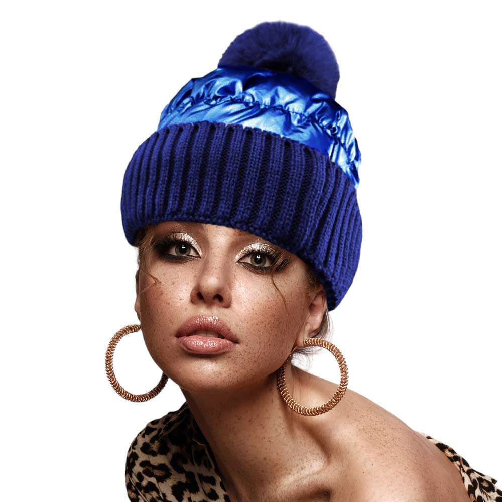 Navy Fleece Lining Puffer Knit Pom Pom Beanie Hat, Whether you're dressing up or dressing down, you'll look effortlessly stylish in this Knitted pom pom beanie. It provides warmth to your head and ears. Puffer Outer material creates a Shiny and Metallic outlook. Daily wear and holiday also match. Perfect gift idea too!
