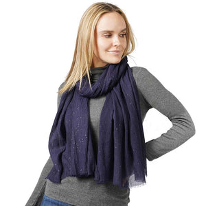 Navy Glittered Crinkle Scarf, this timeless glittered crinkle scarf is a soft, lightweight, and breathable fabric, close to the skin, and comfortable to wear. Sophisticated, flattering, and cozy. Look perfectly breezy and laid-back as you head to the beach. Perfect gift for birthdays, holidays, or fun nights out.