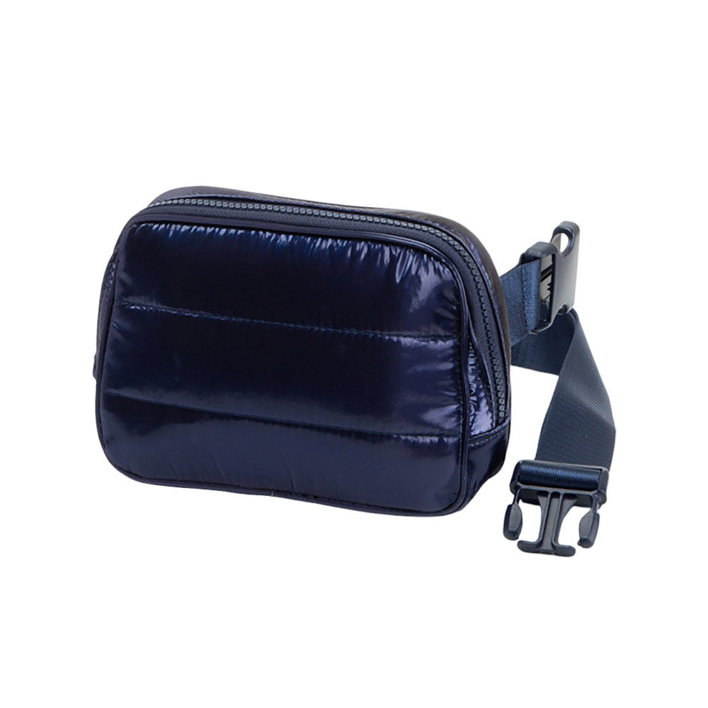 Navy Glossy Puffer Rectangle Sling Bag Fanny Bag Belt Bag, this stylish is bag made from durable material to ensure maximum protection and comfort. It features a fashionable design with adjustable straps, and secure buckle closure ensuring your valuables are safe and secure. The perfect for any occasion, shopping, etc.