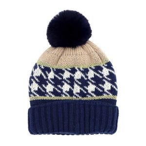 Navy Houndstooth Patterned Pom Pom Beanie Hat, wear this beautiful beanie hat with any ensemble for the perfect finish before running out the door into the cool air. An awesome winter gift accessory and the perfect gift item for Birthdays, Stocking stuffers, Secret Santa, holidays, anniversaries, Valentine's Day, etc.