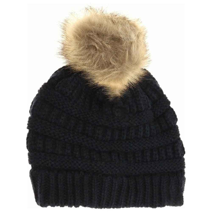 Navy Kids Fur Pom CC Beanie combines warmth and style with a soft, comfortable fabric that shields young heads from cold weather. Its plush fur pom adds a fashionable accent while maintaining breathability, ensuring all-day comfort and protection during outdoor play or casual outings. Designed for durability and ease of wear, this beanie is an essential winter accessory for active children. 