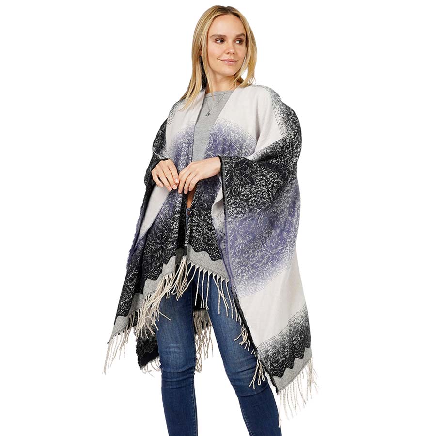 Navy Lace Textured Ombre Cape Poncho, With the latest trend in ladies' outfit cover-up! the high-quality knit poncho is soft, comfortable, and warm but lightweight. It's perfect for your daily, casual, party, evening, vacation, and other special events outfits. A fantastic gift for your friends or family.