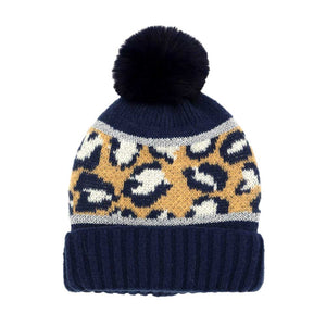 Navy Leopard Patterned Pom Pom Beanie Hat, wear this beautiful beanie hat with any ensemble for the perfect finish before running out the door into the cool air. An awesome winter gift accessory and the perfect gift item for Birthdays, Stocking stuffers, Secret Santa, holidays, anniversaries, Valentine's Day, etc.