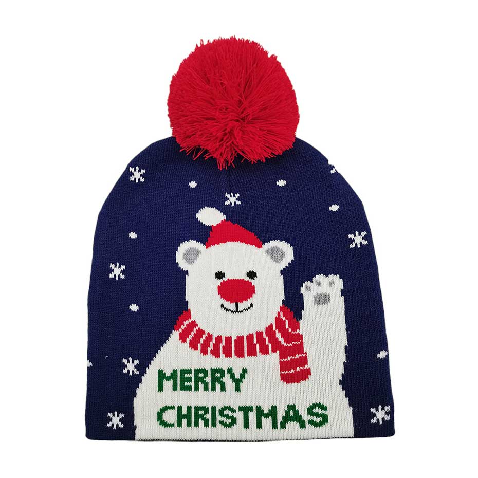 Navy Merry Christmas Message Polar Bear Pom Pom Beanie Hat. Wrap up winter in style with this.  The hat features a festive holiday message and a cute polar bear applique. Perfect gift for Birthdays, Christmas, Stocking stuffers, Secret Santa, holidays, anniversaries, etc. to your friends, family, or loved ones.