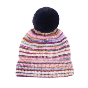 Navy Multi Colored Pom Pom Beanie Hat, wear this beautiful beanie hat with any ensemble for the perfect finish before running out the door into the cool air. An awesome winter gift accessory and the perfect gift item for Birthdays, Christmas, Stocking stuffers, Secret Santa, holidays, anniversaries, Valentine's Day, etc.