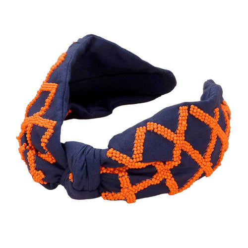 Game Day Seed Beaded Check Patterned Knot Burnout Headband - Navy Orange