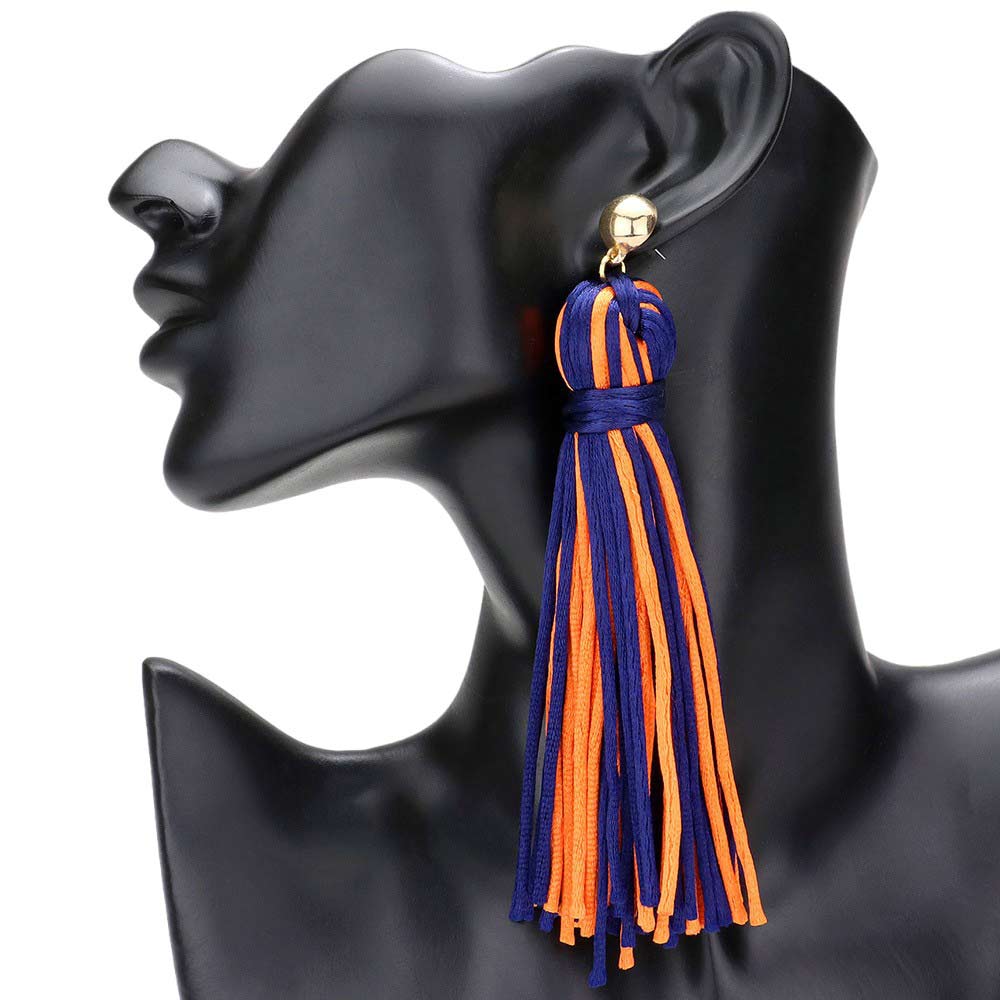 Navy Orange Yarn Tassel Dangle Earrings, Experience bohemian chic with these. Crafted with soft yarn and adorned with delicate metal accents, these earrings add a touch of playful elegance to any outfit. Embrace your unique style and elevate your look with these stunning statement earrings.