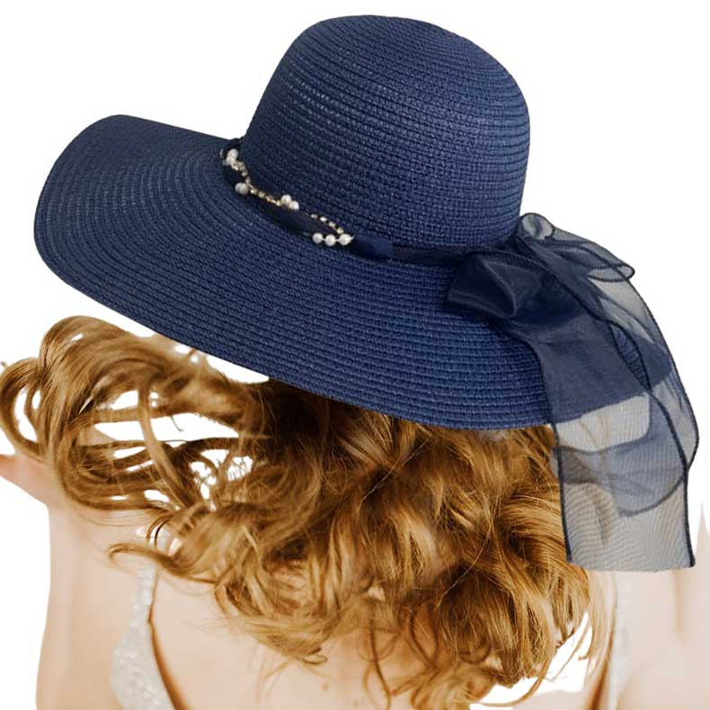 Navy Rhinestone Pearl Twisted Bow Band Pointed Straw Sun Hat, Step into the sun with style and elegance with our straw sun hat. Adorned with beautiful rhinestones and pearls, this hat is perfect for any outdoor occasion. Stay cool and protected while looking chic and sophisticated. Make a statement with this!