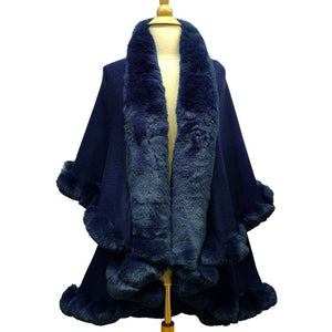 Elegant 2 Row Navy Faux Fur Trim Knit Poncho, Beige Faux Fur Trim Knit Ruana Cape, the perfect accessory, luxurious, trendy, super soft chic vest cape, keeps you warm & toasty. You can throw it on over so many pieces elevating any casual outfit! Perfect Gift for Wife, Mom, Birthday, Holiday, Christmas, Anniversary, Fun Night Out