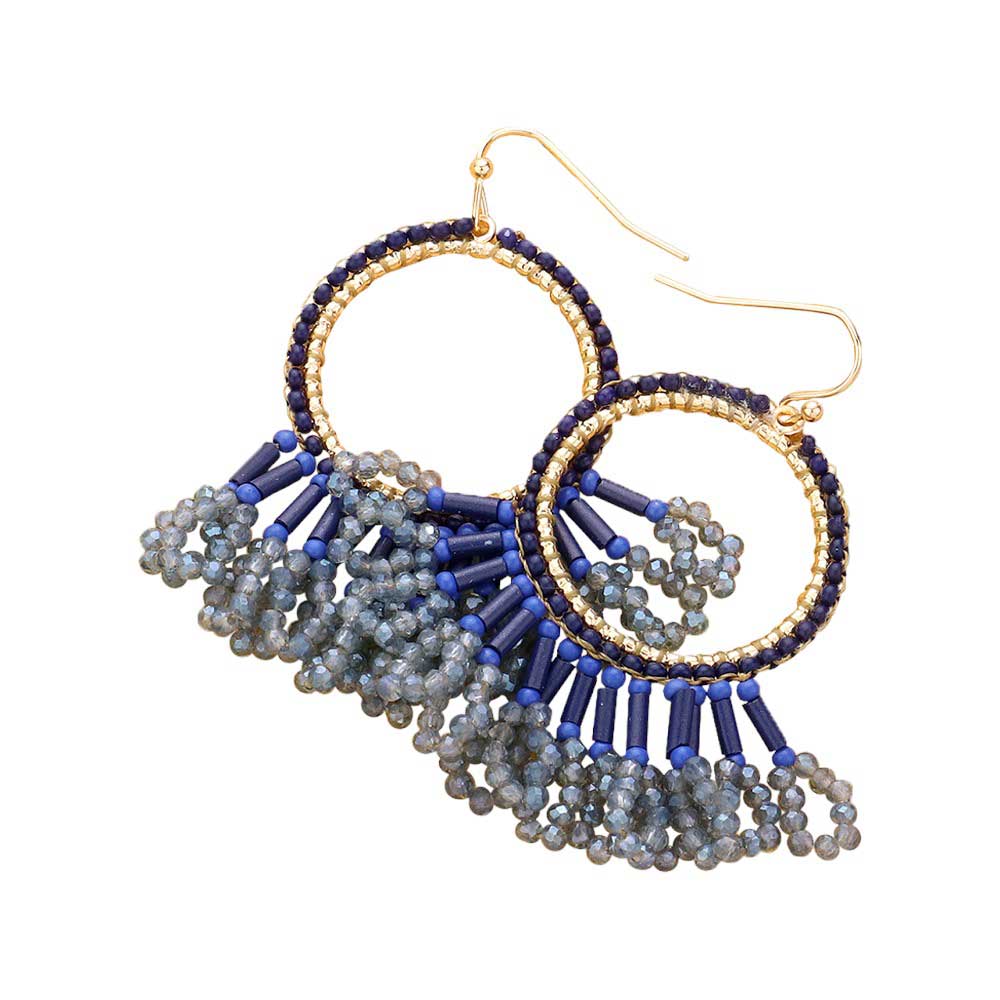 Navy Seed Beaded Fringe Metallic Tiered Circle Dangle Earrings, Inject some drama into your look with these stunning pieces. Crafted with layers of tiny seed beads and metallic circles, these beautiful earrings provide a unique and eye-catching addition to any outfit. A perfect accessory for any occasion.