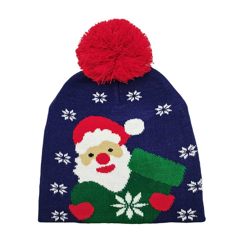 Navy Snowy Santa Claus Pom Pom Beanie Hat. Stay stylish in the Christmas while keeping warm in this Beanie. With an adorable design featuring a colorfully decorated festive scene, this hat is sure to keep heads cozy and toasty in cool weather. Gift it to anyone in your life for a functional and fashionable accessory.