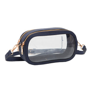 Navy Solid Faux Leather Transparent Rectangle Crossbody Bag, is the perfect accessory for any outfit. Its solid faux leather material is durable and lightweight. The adjustable crossbody strap provides convenience and comfortability. Wear it on your next night out for a fashionable look and make an exquisite gift with this!