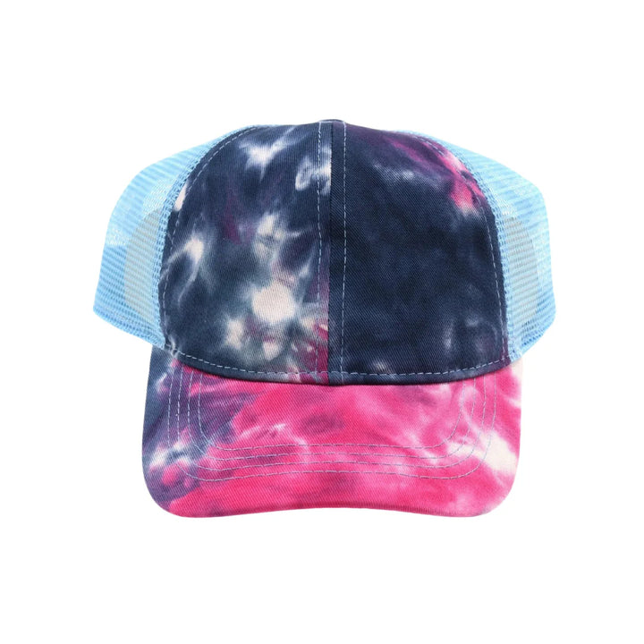 Tie Dye High Ponytail Mesh Back CC Ball Cap combines vibrant style with practical design. Featuring a colorful tie-dye pattern and a mesh back for breathability, this cap is perfect for active days. Its high ponytail opening ensures comfort and convenience for those with long hair, making it an ideal accessory for outdoor activities or casual wear. Durable and lightweight, it offers both fashion and function in one versatile piece. 