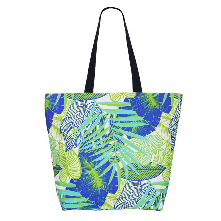 Navy Tropical Leaf Print Tote Bag, This stylish tote bag features a vibrant tropical leaf print, perfect for adding a touch of nature to your outfit. Made of durable material, it is great for carrying all your daily essentials while remaining lightweight. Bring a touch of the tropics wherever you go with this versatile tote