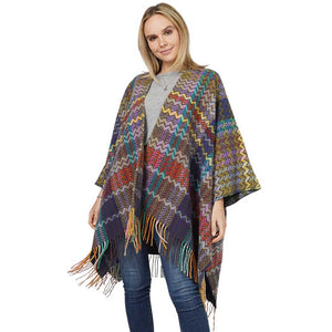 Navy Zigzag Chevron Patterned Tassel Poncho, With the latest trend in ladies' outfit cover-up! the high-quality knit poncho is soft, comfortable, and warm but lightweight. It's perfect for your daily, casual, party, evening, vacation, and other special events outfits. A fantastic gift for your friends or family.
