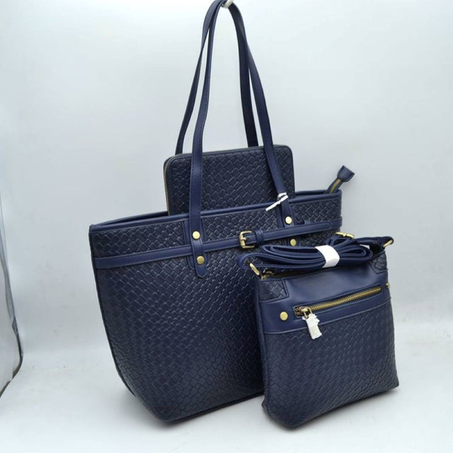 Navy-blue This multi-piece bag set features a matching woven textured design across all items, offering a versatile and coordinated look for everyday use. The main tote bag is styled with dual top shoulder handles, a decorative front horizontal strap with a buckle accent, and a top zipper closure to secure the spacious main compartment. Included in the set is a smaller matching crossbody bag equipped with a front zippered pocket and a bundled adjustable, detachable shoulder strap for hands-free carrying. 
