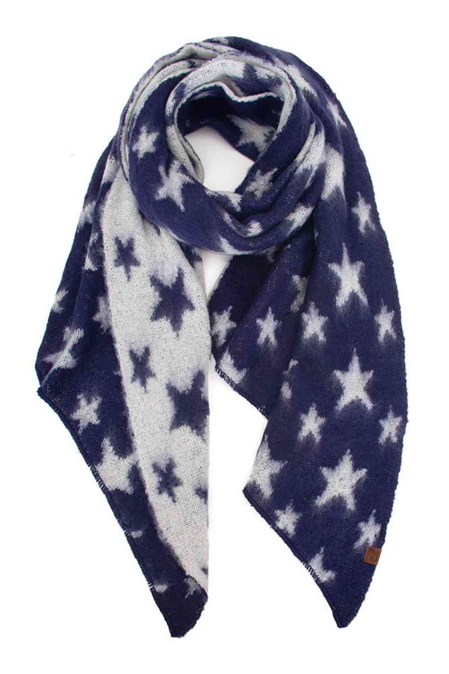 Navy Wrap yourself in patriotic style with this C.C American Flag Stars Bias Cut Brushed Scarf. Featuring a classic star pattern inspired by the American flag, this versatile accessory brings timeless charm to any winter outfit. Crafted from 100% polyester with a soft brushed finish, the scarf offers cozy warmth and gentle comfort against your skin. 
