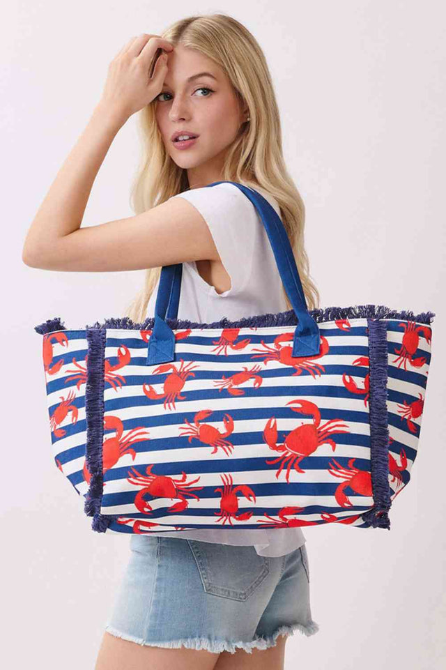 Crab with Stripes Pattern Fringe Medium Tote Bag - Navy - Tote Bags