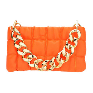Neon Orange Faux Leather Padded Shoulder Crossbody Bag With Chain Strap, this crossbody bag with chain strap is versatile enough for wearing throughout the week. Simple and leisurely, elegant and fashionable, suitable for women of all ages, and lightweight to carry around all day. 
