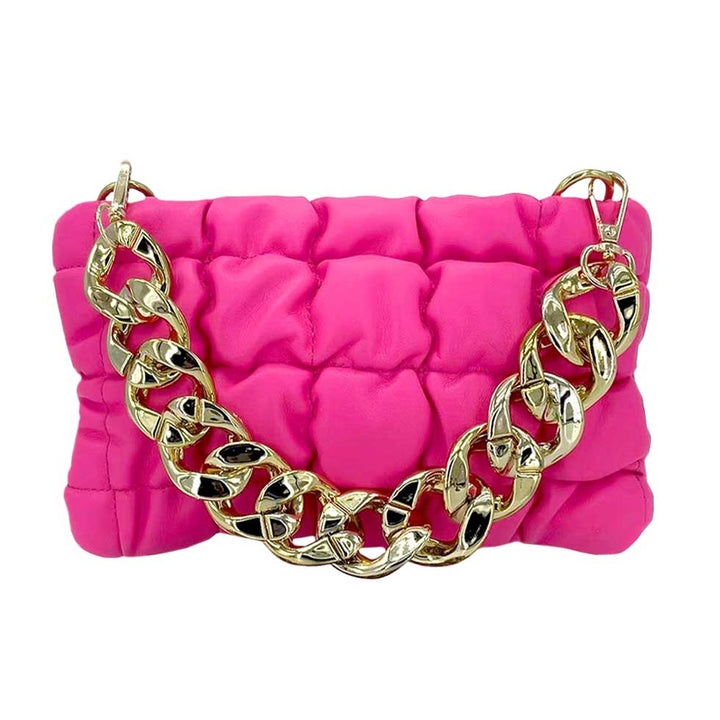 Neon Pink Faux Leather Padded Shoulder Crossbody Bag With Chain Strap, this crossbody bag with chain strap is versatile enough for wearing throughout the week. Simple and leisurely, elegant and fashionable, suitable for women of all ages, and lightweight to carry around all day. 