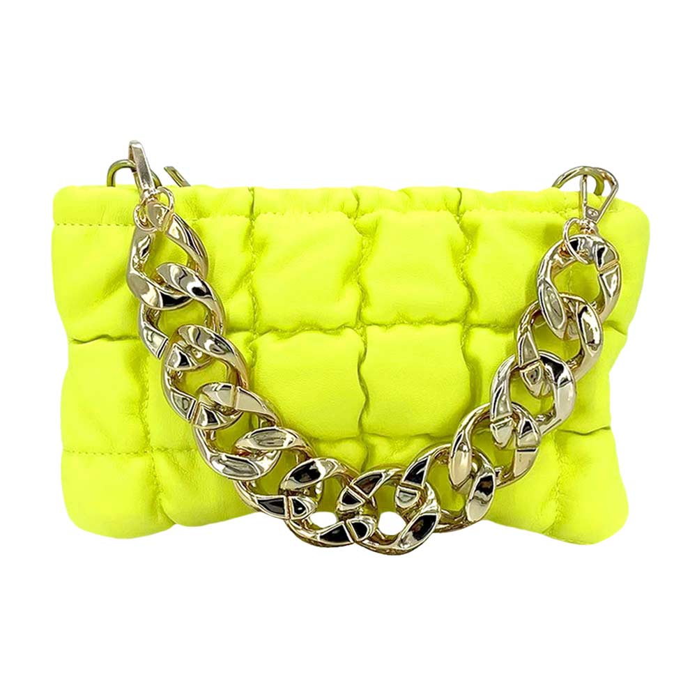 Neon Yellow Faux Leather Padded Shoulder Crossbody Bag With Chain Strap, this crossbody bag with chain strap is versatile enough for wearing throughout the week. Simple and leisurely, elegant and fashionable, suitable for women of all ages, and lightweight to carry around all day. 