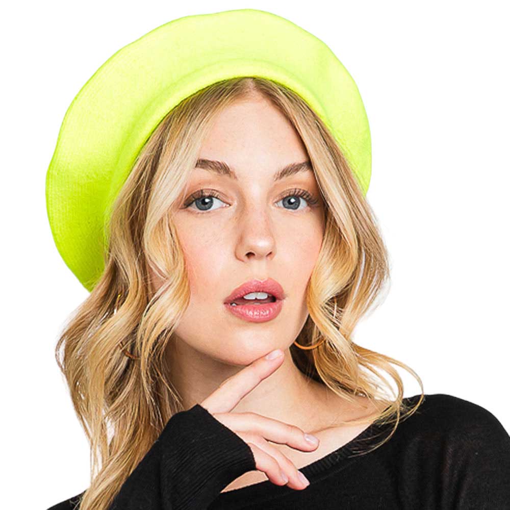 Neon Yellow Trendy Fashionable Winter Stretchy Solid Beret Hat, this Women Beret Hat Solid Color Stretchy Beret Cap doubles as a rain hat and is snug on the head and stays on well. It will work well to keep the rain off the head and out of the eyes and also the back of the neck. Wear it to lend a modern liveliness above a raincoat on trans-seasonal days in the city.